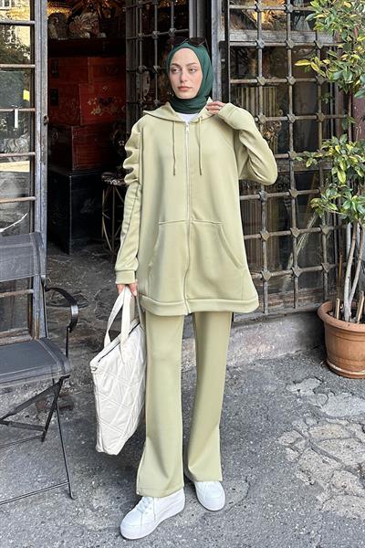 Kol Büzgü Detaylı İkili Scuba Tesettür Takım Yeşil