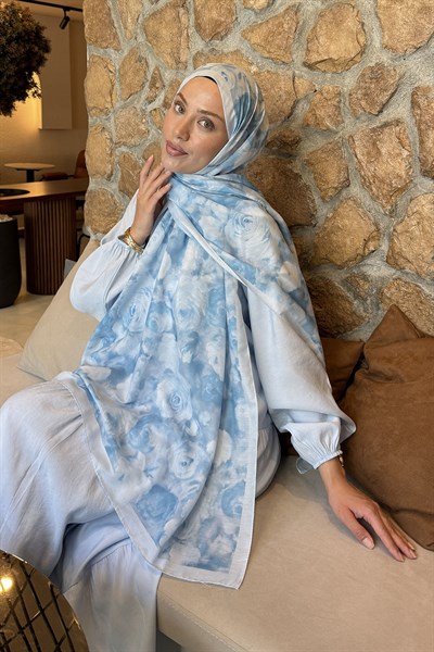 Botanik Çiçek Desen Lara Soft Şal Bebe Mavisi