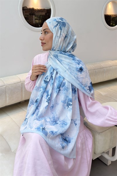 Batik Çiçek Desen Bambu Şal Bebe Mavisi