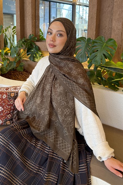 Geometrik Desen Bambu Şal Asker Yeşili