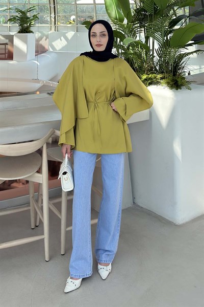 Pelerin Detaylı Oversize Tunik Yağ Yeşili