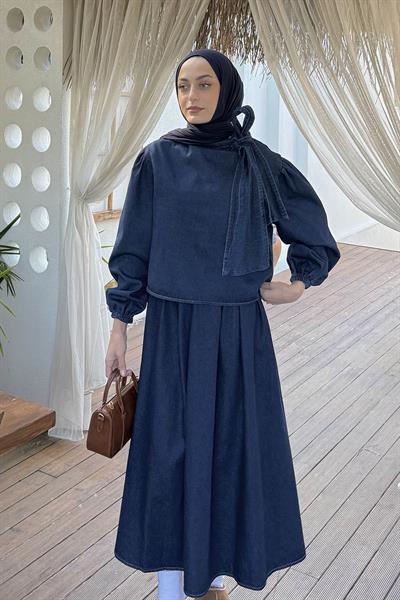 Fiyonk Detaylı Denim Takım Koyu Mavi