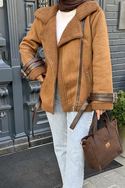 İçi Kürklü Biker Süet Mont TABA