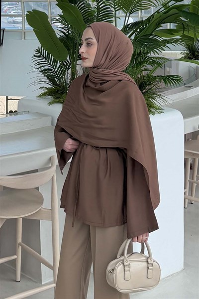 Şallı Bağlama Detaylı Tunik Soft Kahve