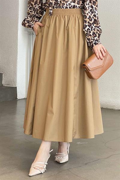 Cep Detaylı Kloş Keten Etek Camel