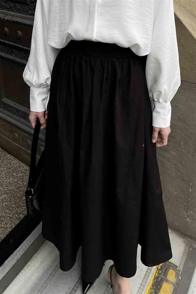 Cep Detaylı Kloş Keten Etek Siyah