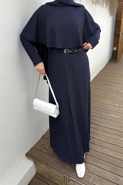 Balıksırtı Kemerli Elbise Lacivert