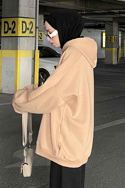 Kapüşonlu Oversize Yan Cepli Sweat Sütlü Kahve