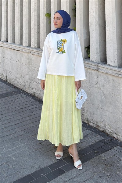 Basic Oversize Limon Baskılı Bluz Beyaz