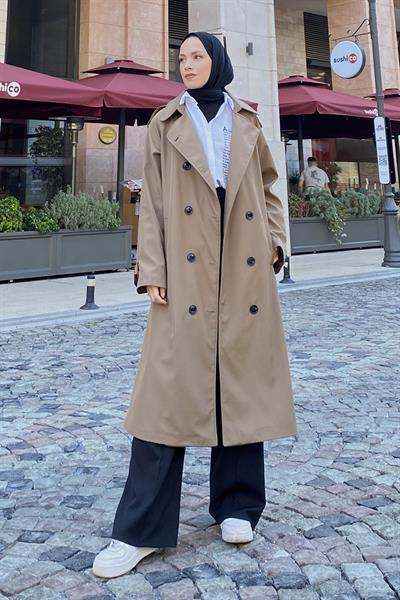 Reglan Kol Düğmeli Trenç Kahverengi