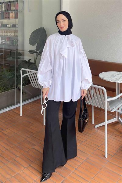 Yaka Fular Detaylı Gömlek Beyaz