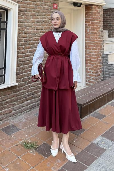 Yelek-Etek İkili Tesettür Takım Bordo