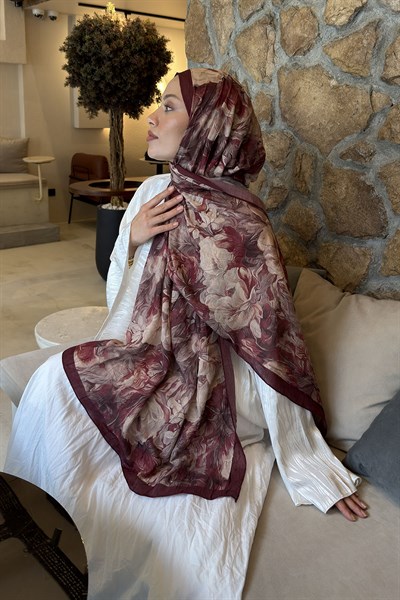 Vintage Flower Desen Bambu Şal Bordo