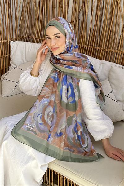 Çiçek Desen Pamuk Şal Haki