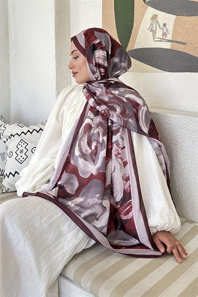 Çiçek Desen Pamuk Şal Koyu Bordo