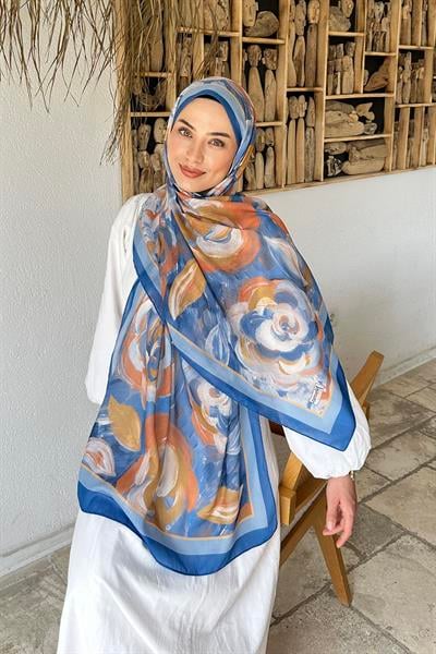 Çiçek Desen Pamuk Şal Mavi