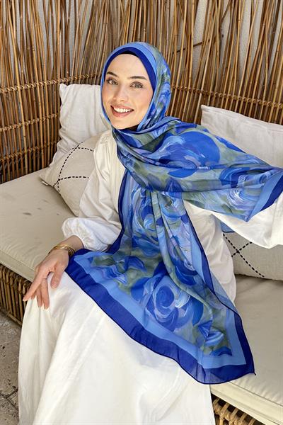 Çiçek Desen Pamuk Şal Saks Mavisi
