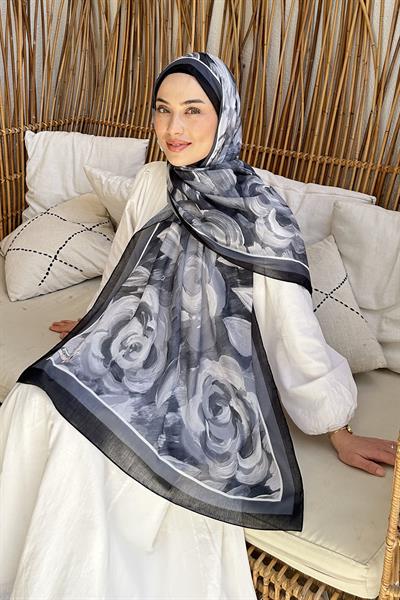 Çiçek Desen Pamuk Şal Siyah