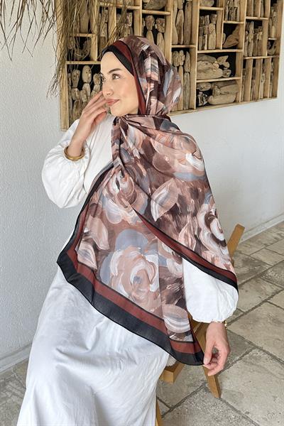 Çiçek Desen Pamuk Şal Siyah Kahverengi