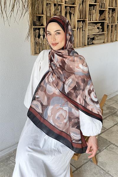 Çiçek Desen Pamuk Şal Siyah Kahverengi
