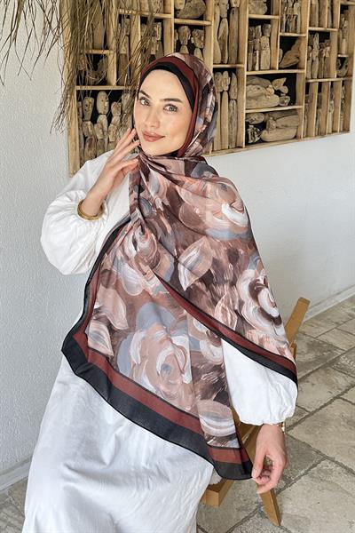 Çiçek Desen Pamuk Şal Siyah Kahverengi