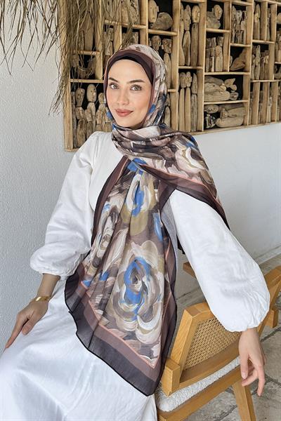 Çiçek Desen Pamuk Şal Soft Kahve