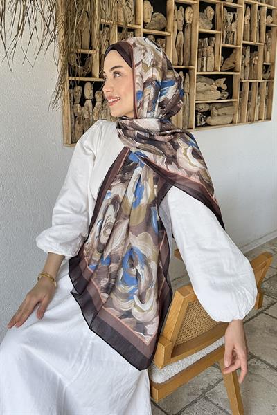 Çiçek Desen Pamuk Şal Soft Kahve