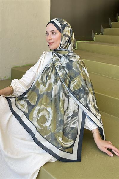 Çiçek Desen Pamuk Şal Yağ Yeşili
