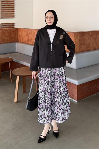 Çiçek Detaylı Nakış İşlemeli İkili Takım Mor