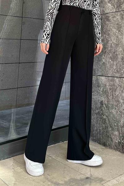 Çımalı Bol Paça Pantolon Siyah
