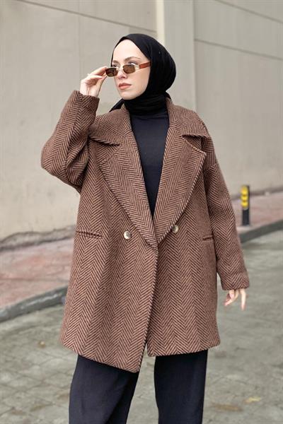 Zikzak Desen Balık Sırtı Kaban Acı Kahverengi