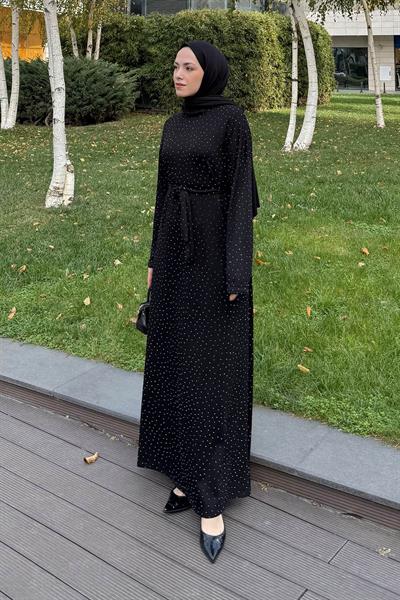 Taş Detaylı Tesettür Elbise Siyah