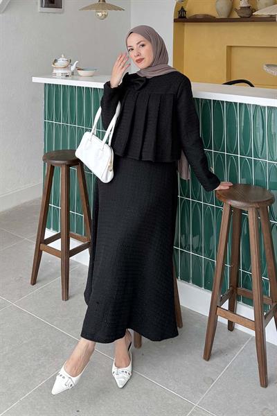 Pile Detaylı Tesettür Tüvit Takım Siyah