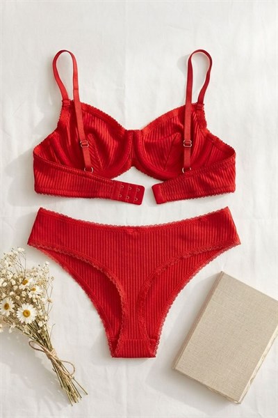 Fitilli Kaşkorse Sütyen Takım Kırmızı