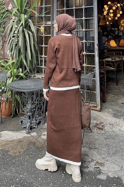 Cep Detaylı Düğme Detaylı Triko Takım Acı Kahverengi