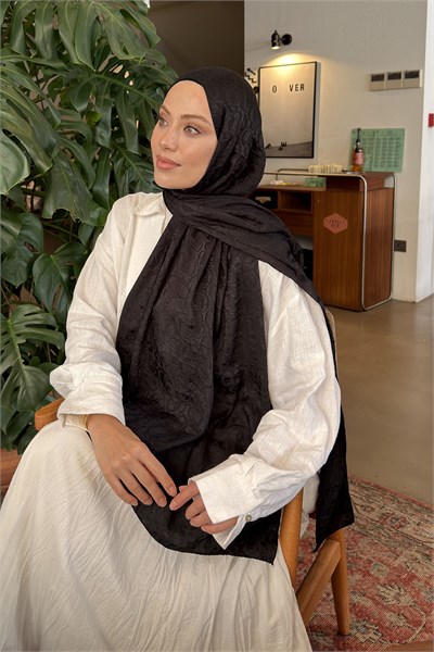 QQ Desen Ayrobin Floş Jakar  Şal Siyah