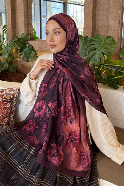 Çiçek Desen Bambu Şal Vişne