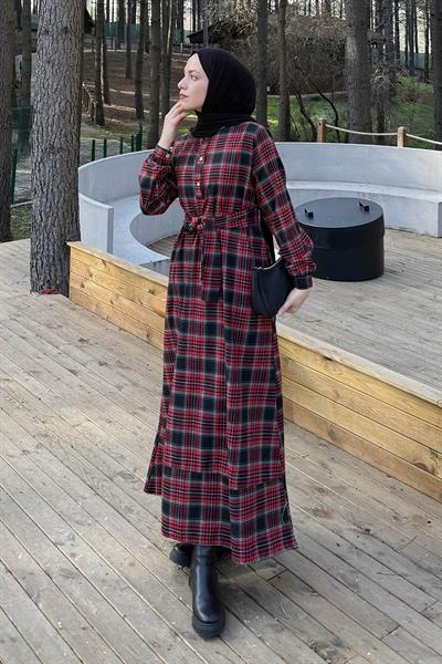 Ekose Desen Elbise Bordo