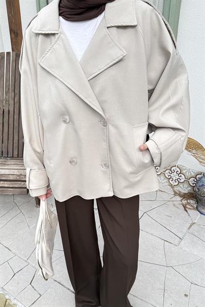 Kruvaze Kısa Tesettür Trençkot Taş