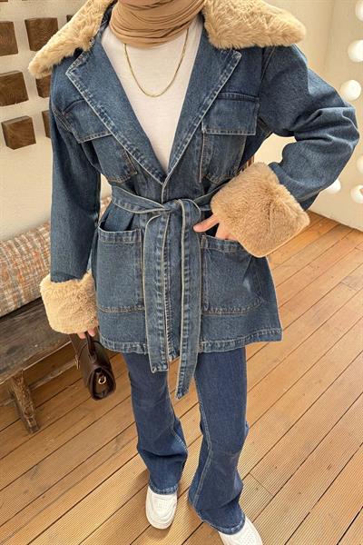 Kürklü Kot Ceket Kot Mavi