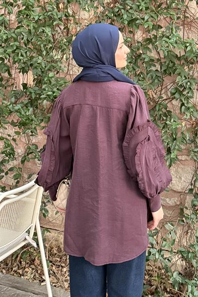 Geniş Yakalı Biyeli Gömlek Mürdüm