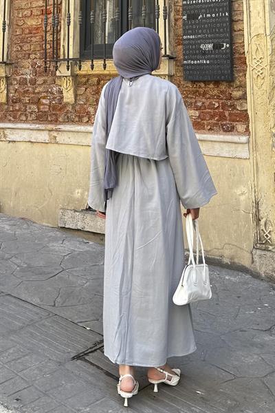 Etekli Tesettür Takım Açık Gri