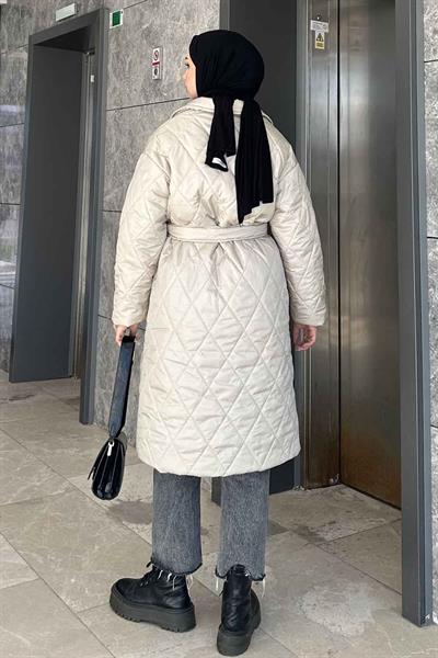 Ceket Yaka Beli Kuşaklı Kapitone Mont Taş