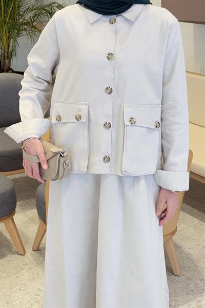 Cep Detaylı İkili Etek Tesettür Takım Taş