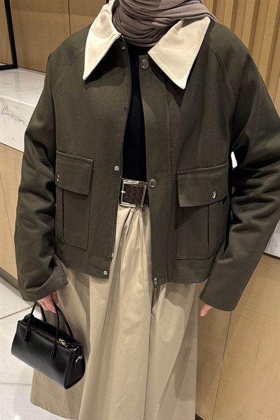 Yaka Detaylı Çıtçıtlı Ceket Haki