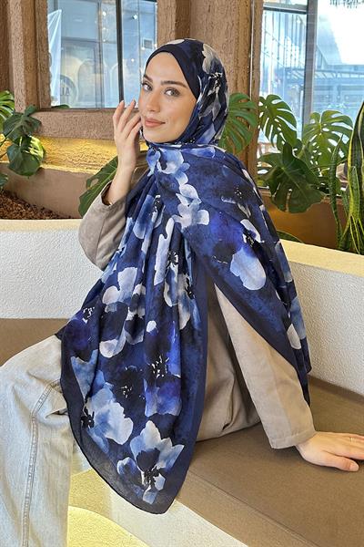 Batik Çiçek Desen Bambu Şal Lacivert