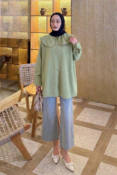 Bebe Yaka Dantel Detaylı Gömlek Çağla Yeşili