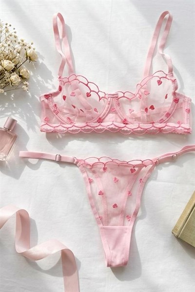 Kalp Nakışlı Tül  Sütyen Takım Pembe