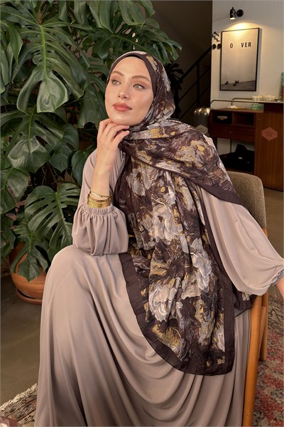 Vintage Flower Desen Bambu Şal Koyu Kahve
