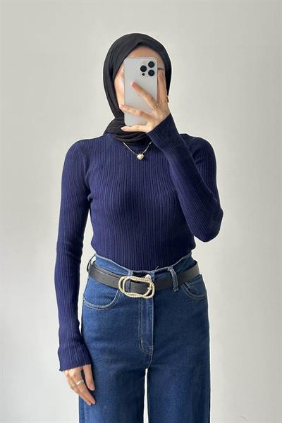 Bisiklet Yaka Fittilli Triko Body Lacivert